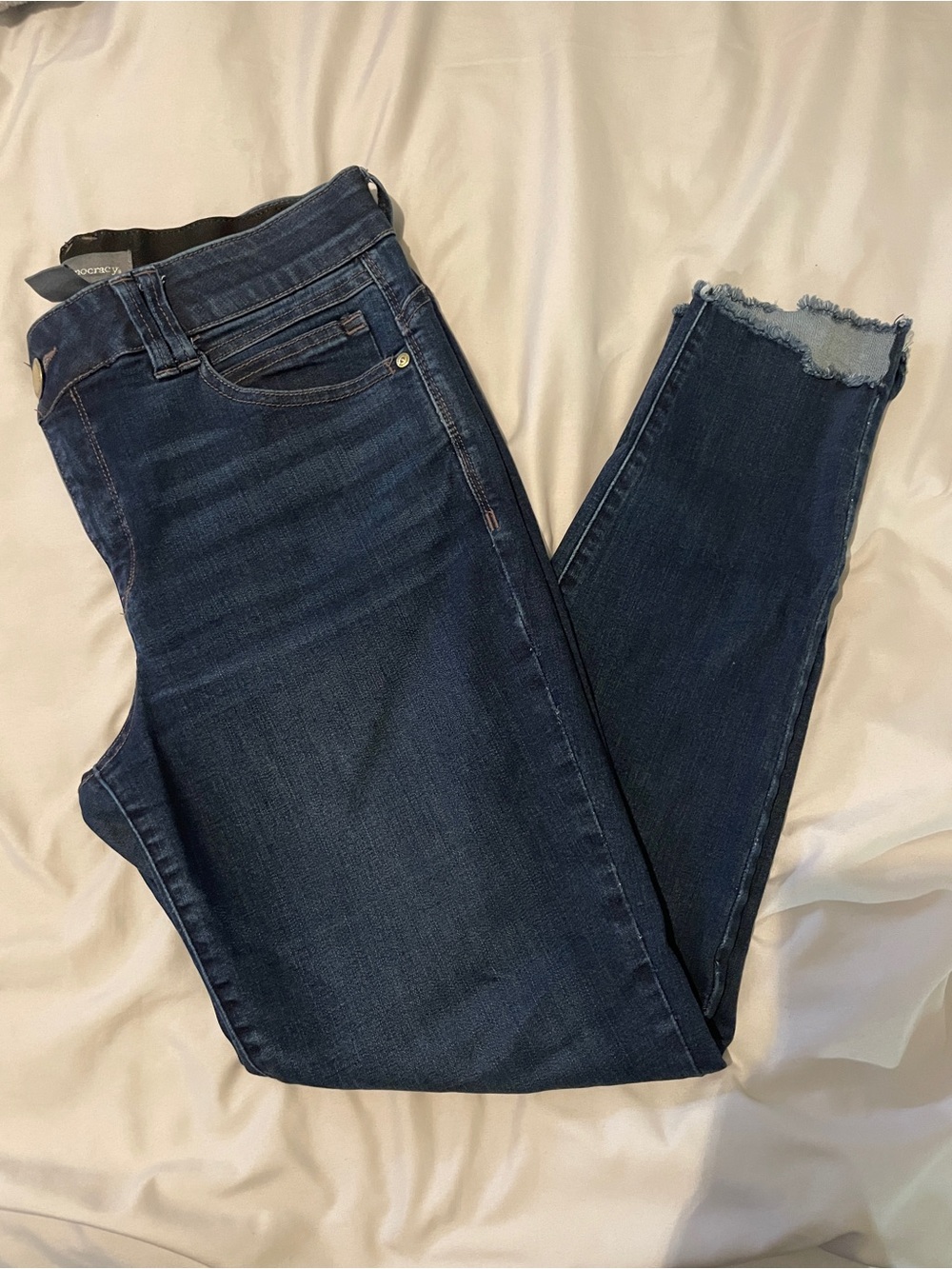 Democracy Dark Indigo Frayed Hem Cropped Skinny Jeans